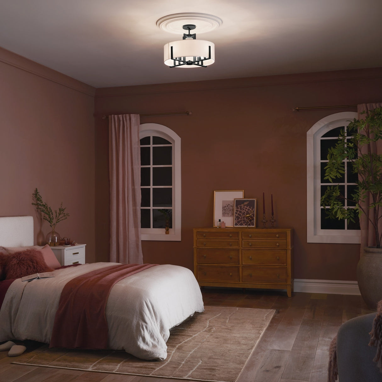 Kichler Lighting Malen 20 in. 8-Light Black Convertible Semi-Flush Mount Light with Fabric Shade