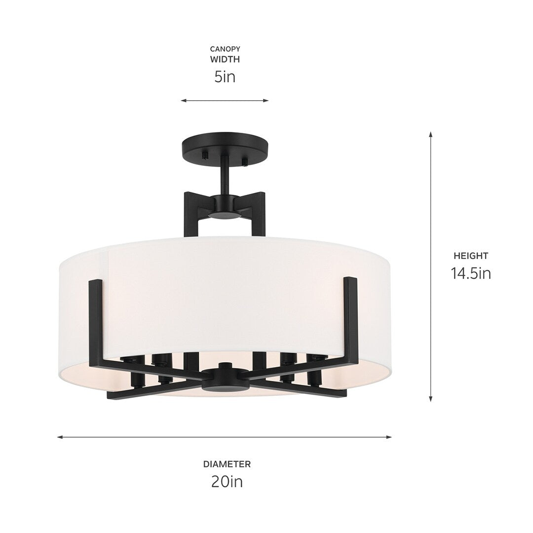 Kichler Lighting Malen 20 in. 8-Light Black Convertible Semi-Flush Mount Light with Fabric Shade