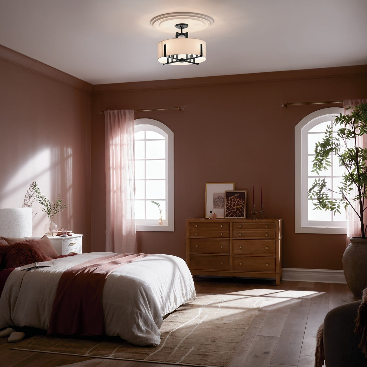 Kichler Lighting Malen 20 in. 8-Light Black Convertible Semi-Flush Mount Light with Fabric Shade