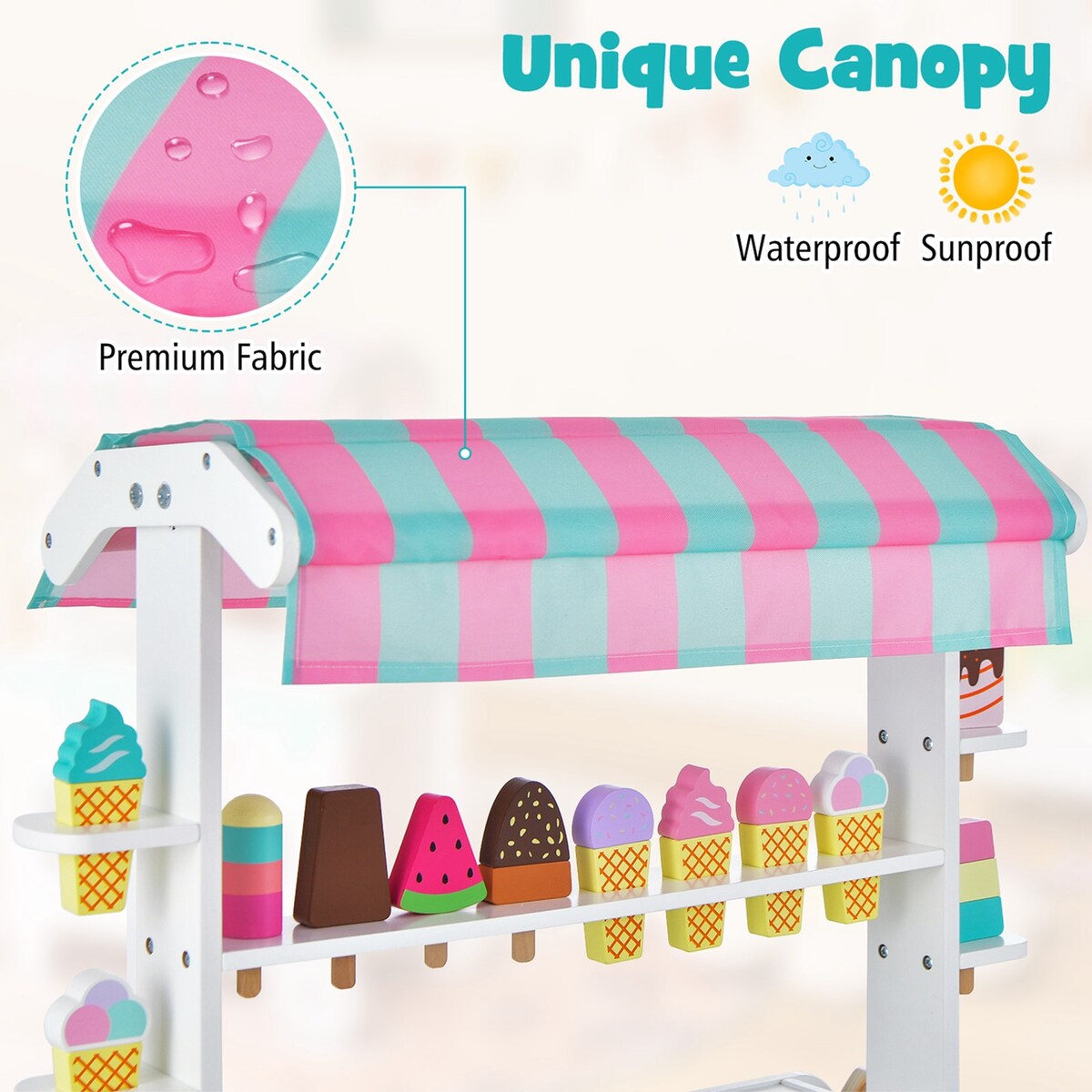 Kid's Ice Cream Cart Food Trunk Play Set w/ Display Rack Accessories