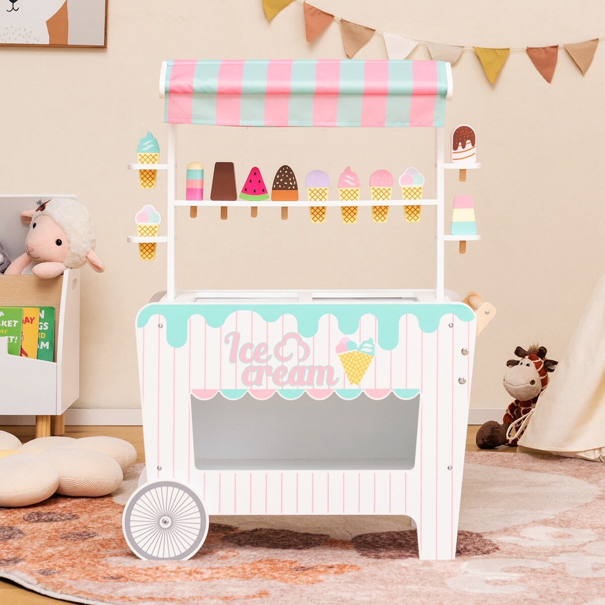 Kid's Ice Cream Cart Food Trunk Play Set w/ Display Rack Accessories