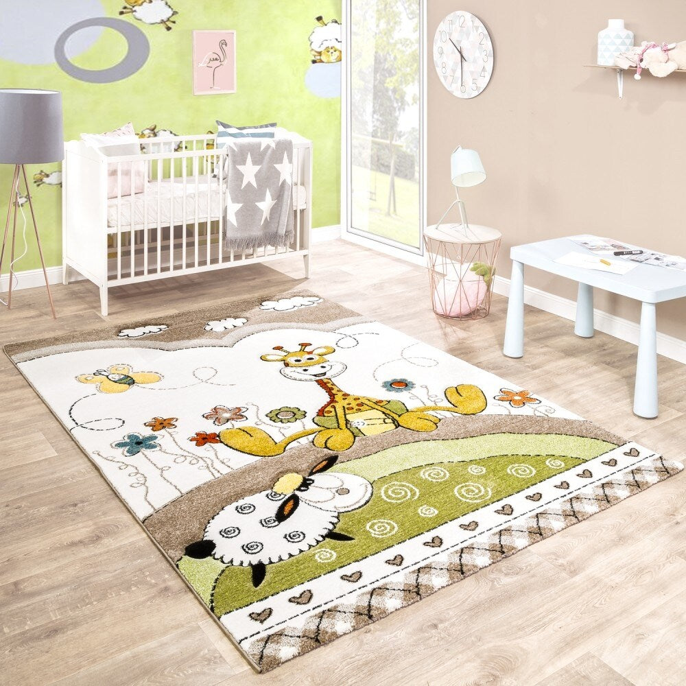 Kid's Rug Nursery Baby Giraffe & Sheep in Beige Cream Contour Cut