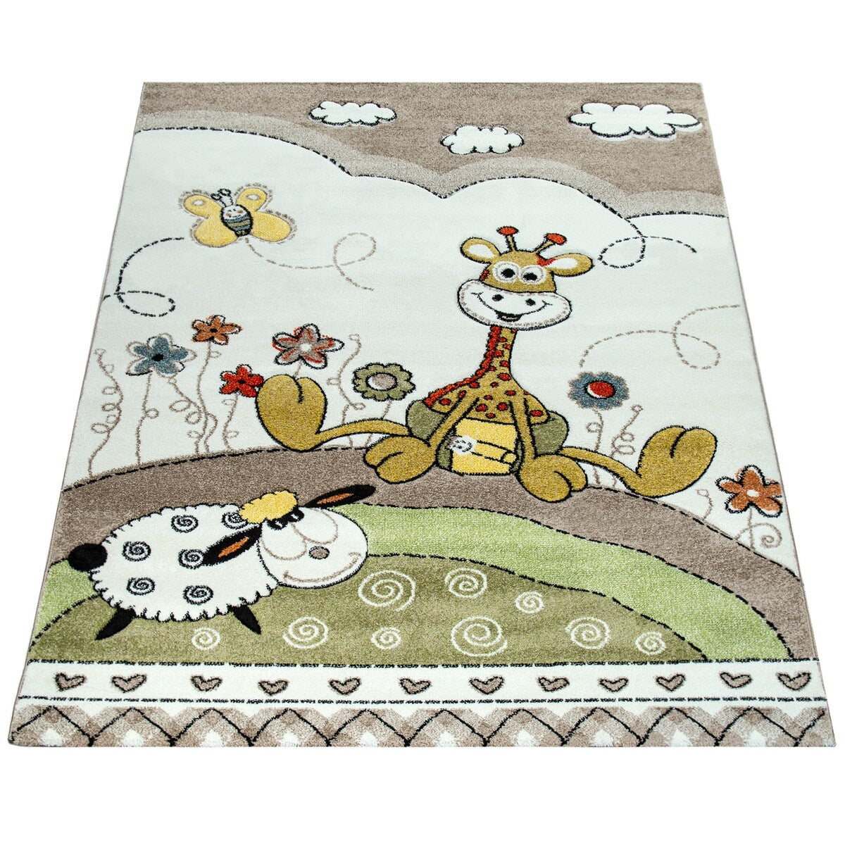Kid's Rug Nursery Baby Giraffe & Sheep in Beige Cream Contour Cut
