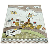 Kid's Rug Nursery Baby Giraffe & Sheep in Beige Cream Contour Cut