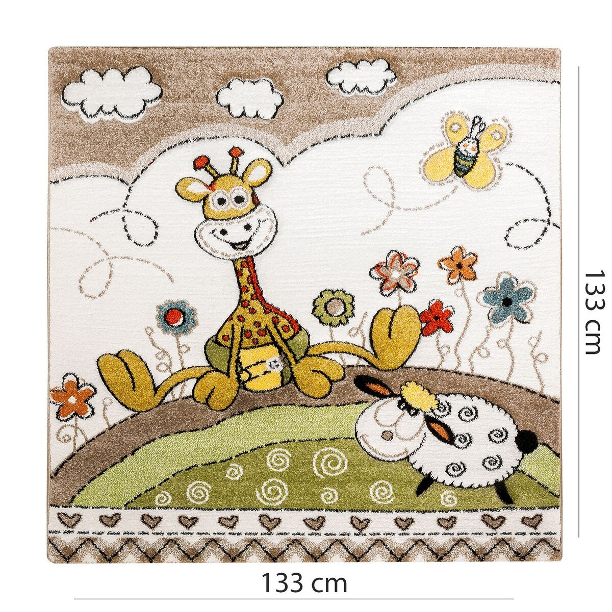 Kid's Rug Nursery Baby Giraffe & Sheep in Beige Cream Contour Cut