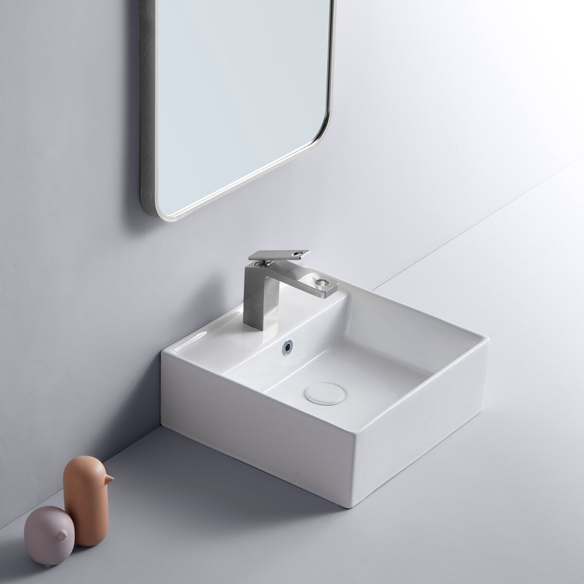 White Square Bathroom Vessel Sink with Ceramic Drain And Overflow - 16.54 in. width