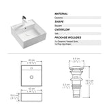 White Square Bathroom Vessel Sink with Ceramic Drain And Overflow - 16.54 in. width