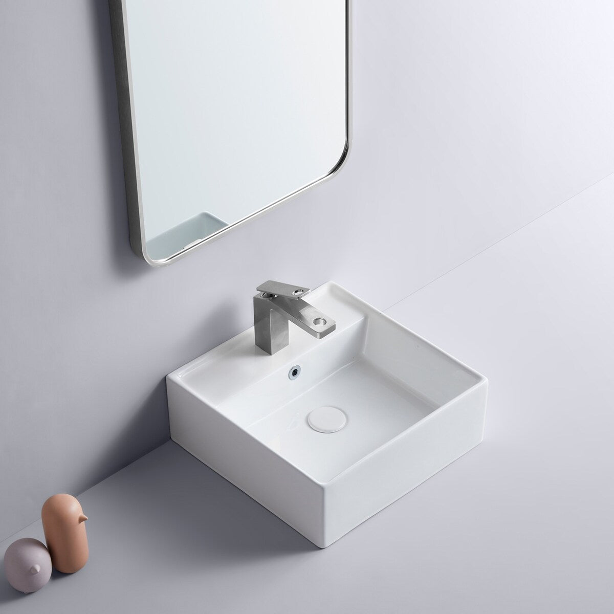White Square Bathroom Vessel Sink with Ceramic Drain And Overflow - 16.54 in. width