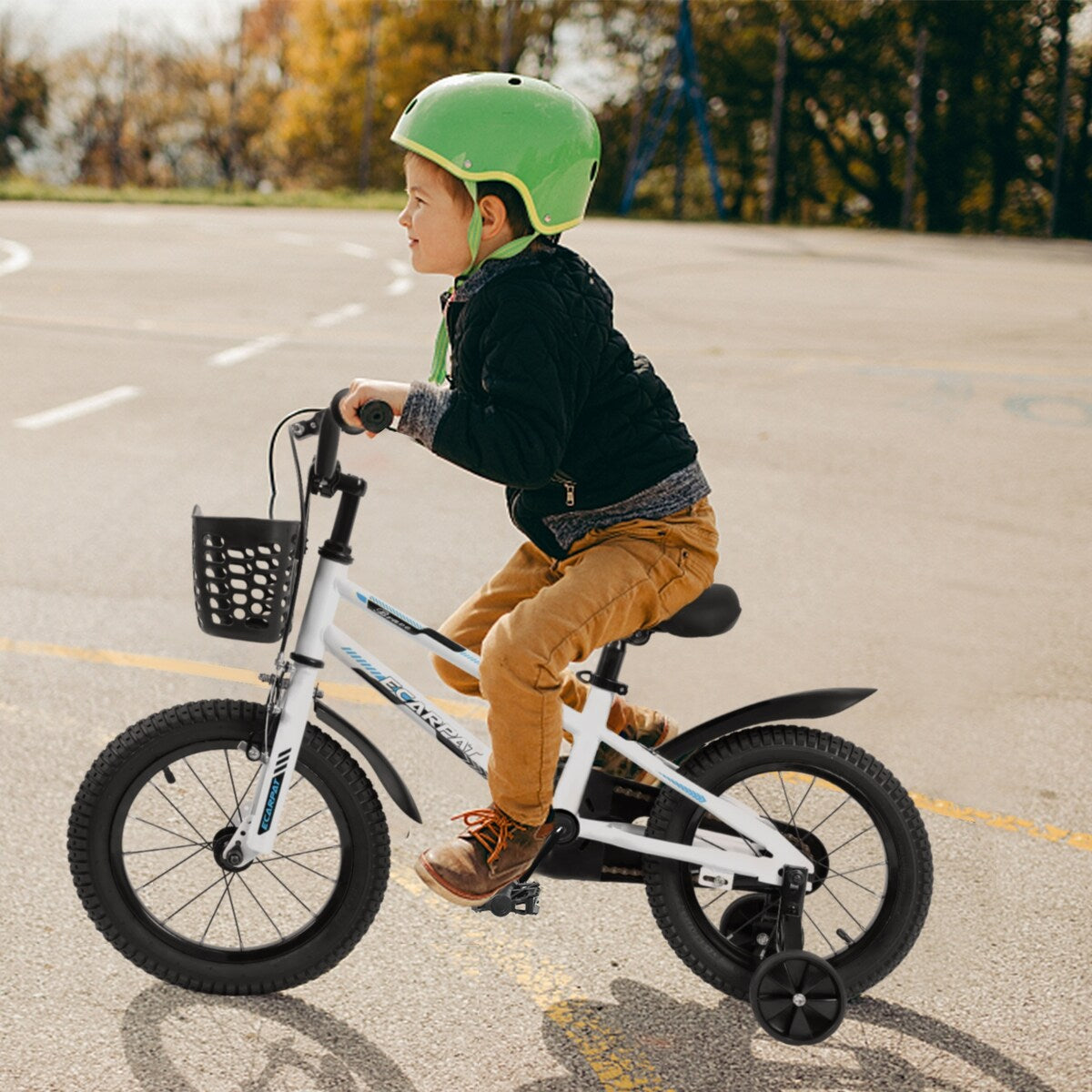 Kids Bike 14 inch for Boys & Girls with Training Wheels, Freestyle Kids' Bicycle with Bell,Basket and fender.