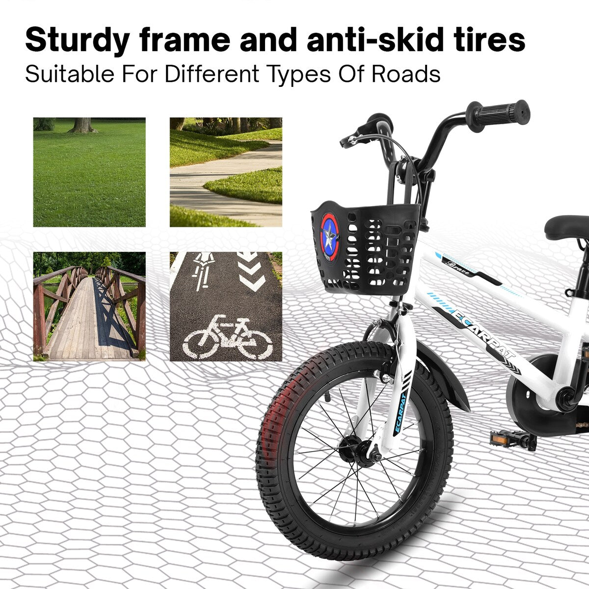 Kids Bike 14 inch for Boys & Girls with Training Wheels, Freestyle Kids' Bicycle with Bell,Basket and fender.