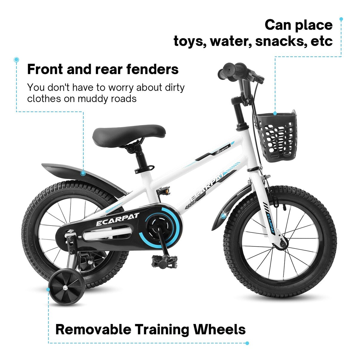 Kids Bike 14 inch for Boys & Girls with Training Wheels, Freestyle Kids' Bicycle with Bell,Basket and fender.