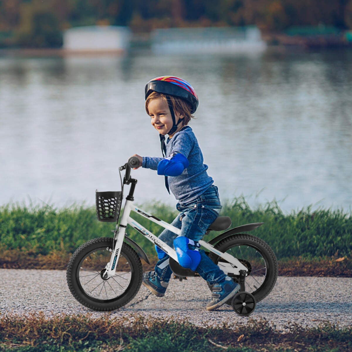 Kids Bike 14 inch for Boys & Girls with Training Wheels, Freestyle Kids' Bicycle with Bell,Basket and fender.