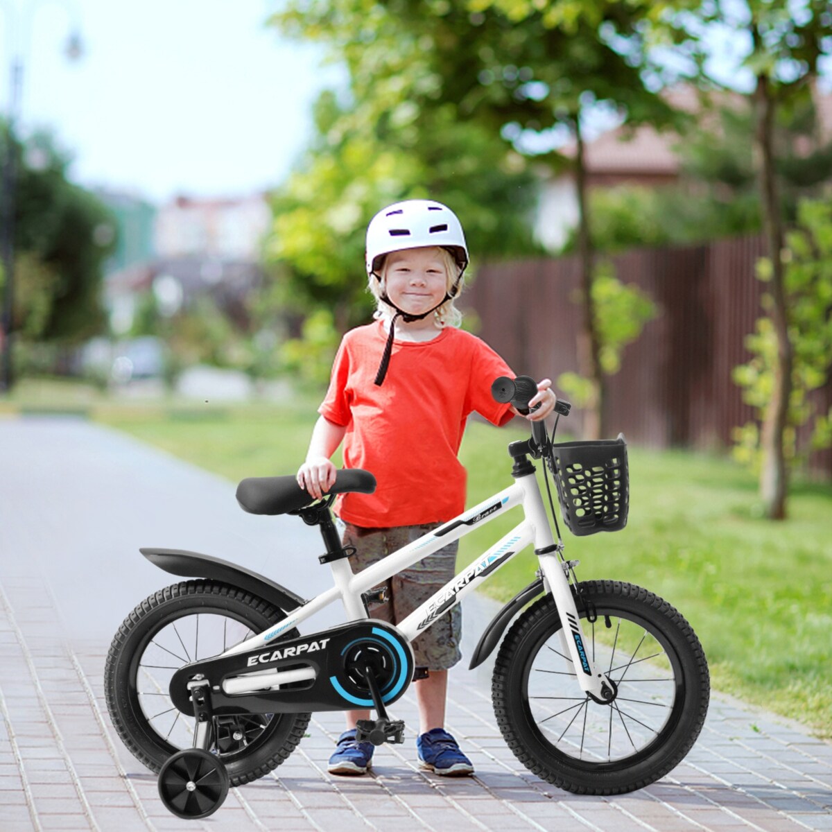 Kids Bike 14 inch for Boys & Girls with Training Wheels, Freestyle Kids' Bicycle with Bell,Basket and fender.