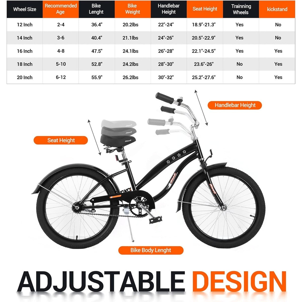Kids Bike, Kids' Cruiser Bike with Coaster Brake, 12-14-16-18-20 inch