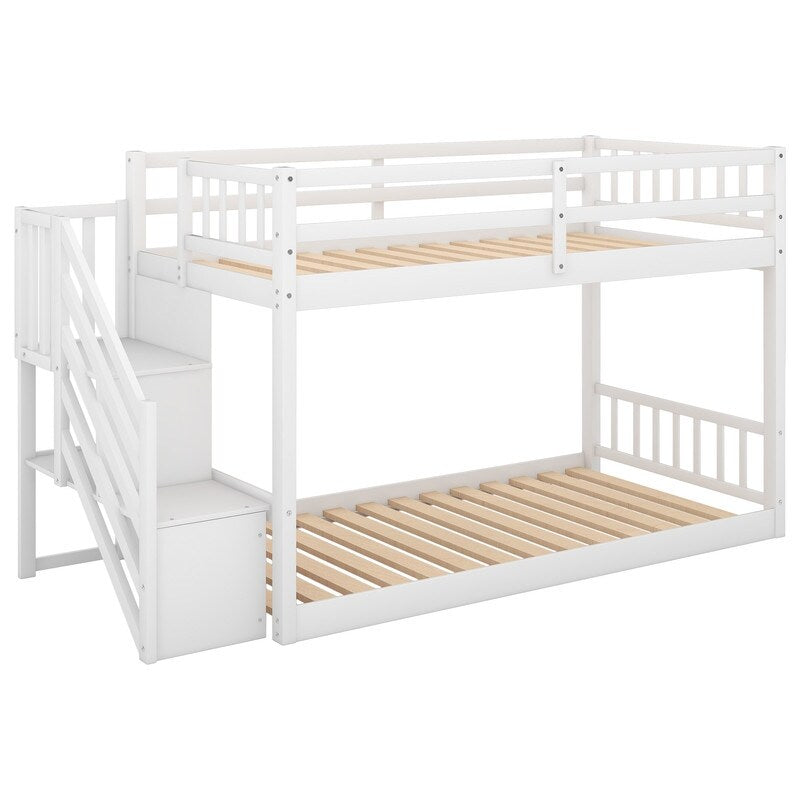 Kids Bunk Bed Twin Over Twin, Floor Bunk Bed with Stairs, Low Bunk Bed with Storage(White)