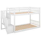 Kids Bunk Bed Twin Over Twin, Floor Bunk Bed with Stairs, Low Bunk Bed with Storage(White)