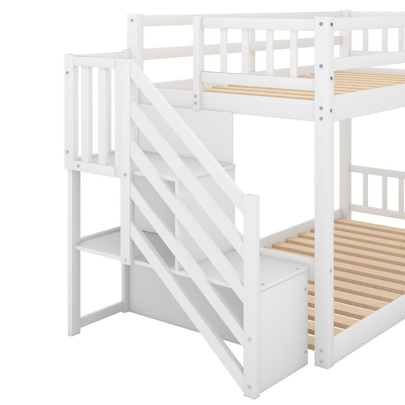Kids Bunk Bed Twin Over Twin, Floor Bunk Bed with Stairs, Low Bunk Bed with Storage(White)