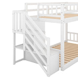 Kids Bunk Bed Twin Over Twin, Floor Bunk Bed with Stairs, Low Bunk Bed with Storage(White)