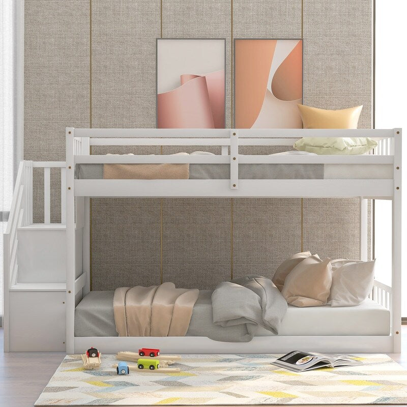 Kids Bunk Bed Twin Over Twin, Floor Bunk Bed with Stairs, Low Bunk Bed with Storage(White)
