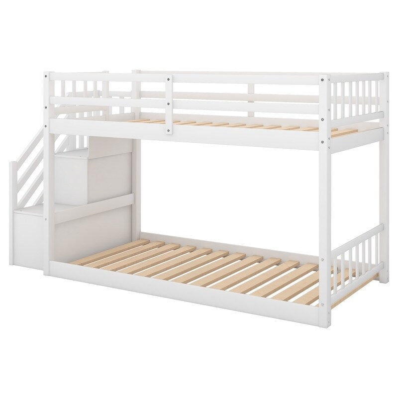 Kids Bunk Bed Twin Over Twin, Floor Bunk Bed with Stairs, Low Bunk Bed with Storage(White)