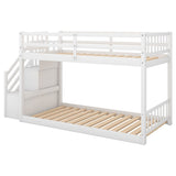 Kids Bunk Bed Twin Over Twin, Floor Bunk Bed with Stairs, Low Bunk Bed with Storage(White)