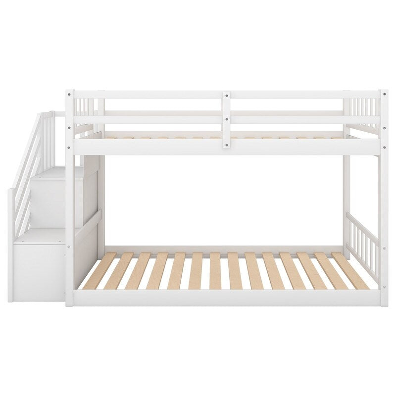 Kids Bunk Bed Twin Over Twin, Floor Bunk Bed with Stairs, Low Bunk Bed with Storage(White)