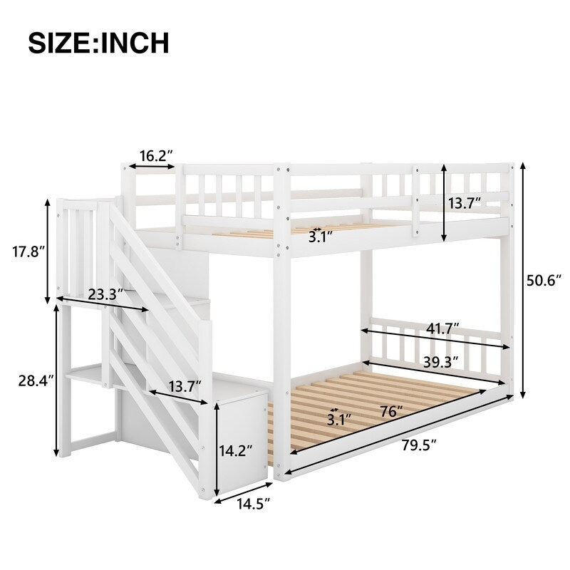 Kids Bunk Bed Twin Over Twin, Floor Bunk Bed with Stairs, Low Bunk Bed with Storage(White)