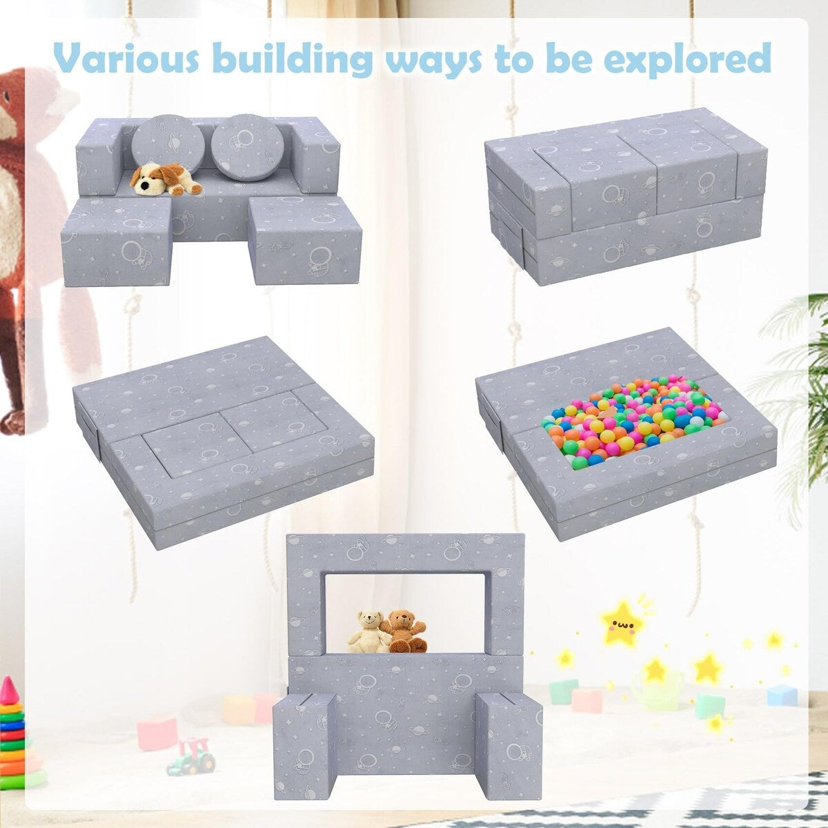 Kids Couch, 6PCS Modular Kids Play Couch with Blanket, Play Couch Furniture for Bedroom and Playroom