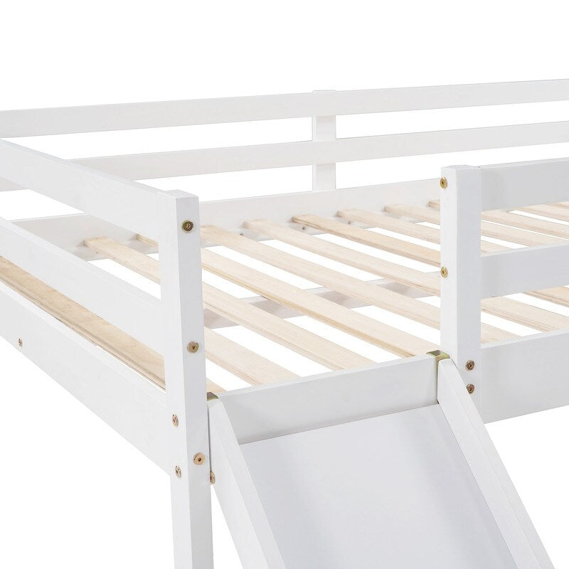 Kids Loft Bed with Slide, Full Size, Wood Low Loftbed Frame with Ladder and Underneath Spacious Space, for Boys Girls