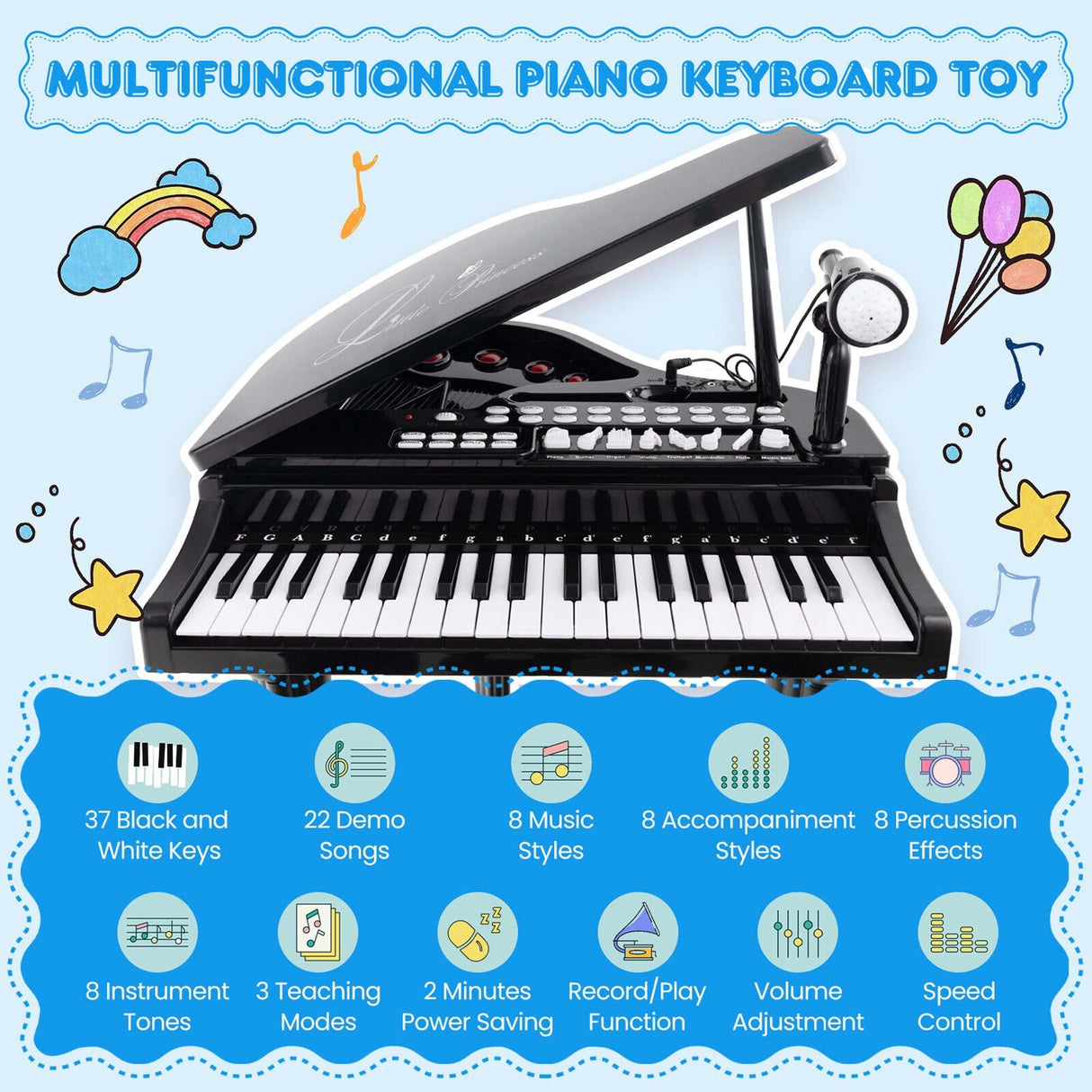 Kids Piano Keyboard Toy Musical Instrument w/ Stool & Microphone