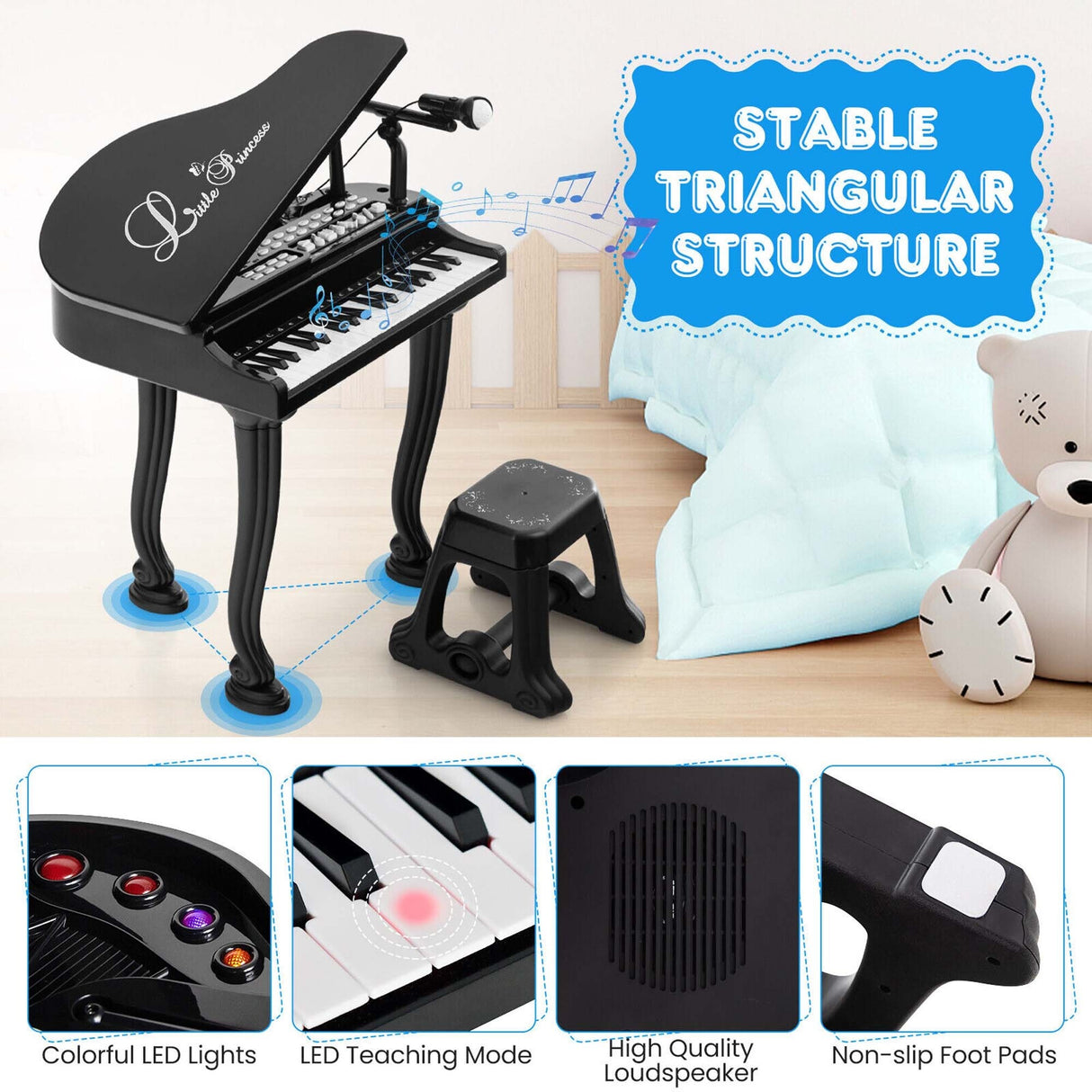 Kids Piano Keyboard Toy Musical Instrument w/ Stool & Microphone