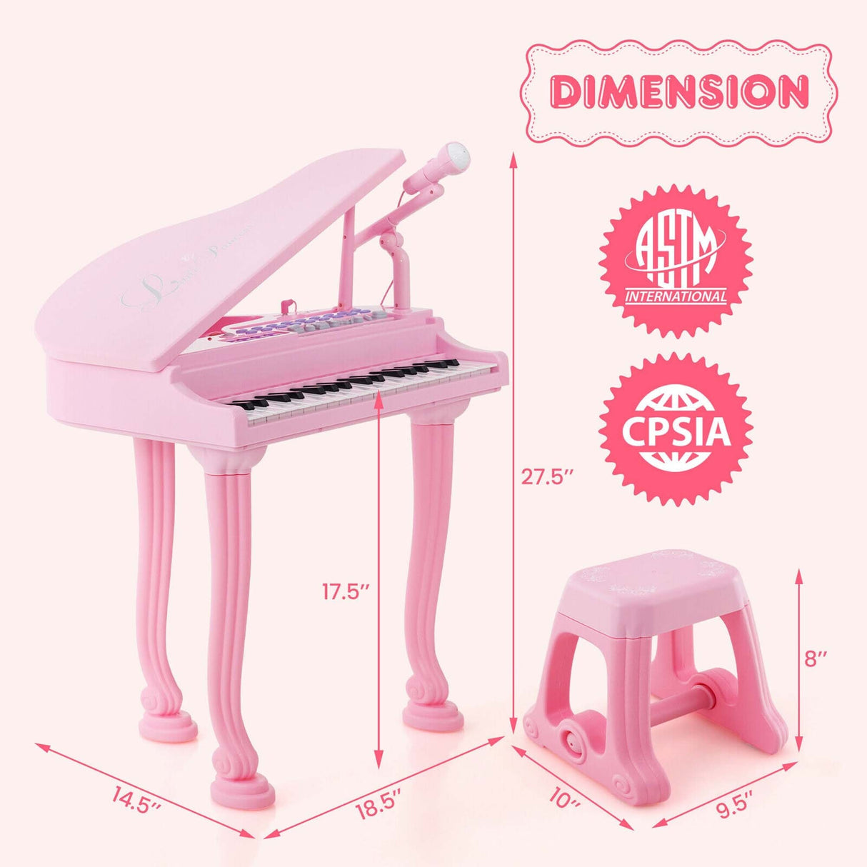 Kids Piano Keyboard Toy Musical Instrument w/ Stool & Microphone