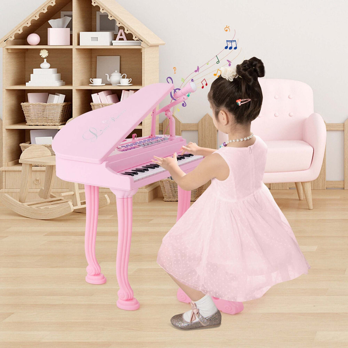 Kids Piano Keyboard Toy Musical Instrument w/ Stool & Microphone