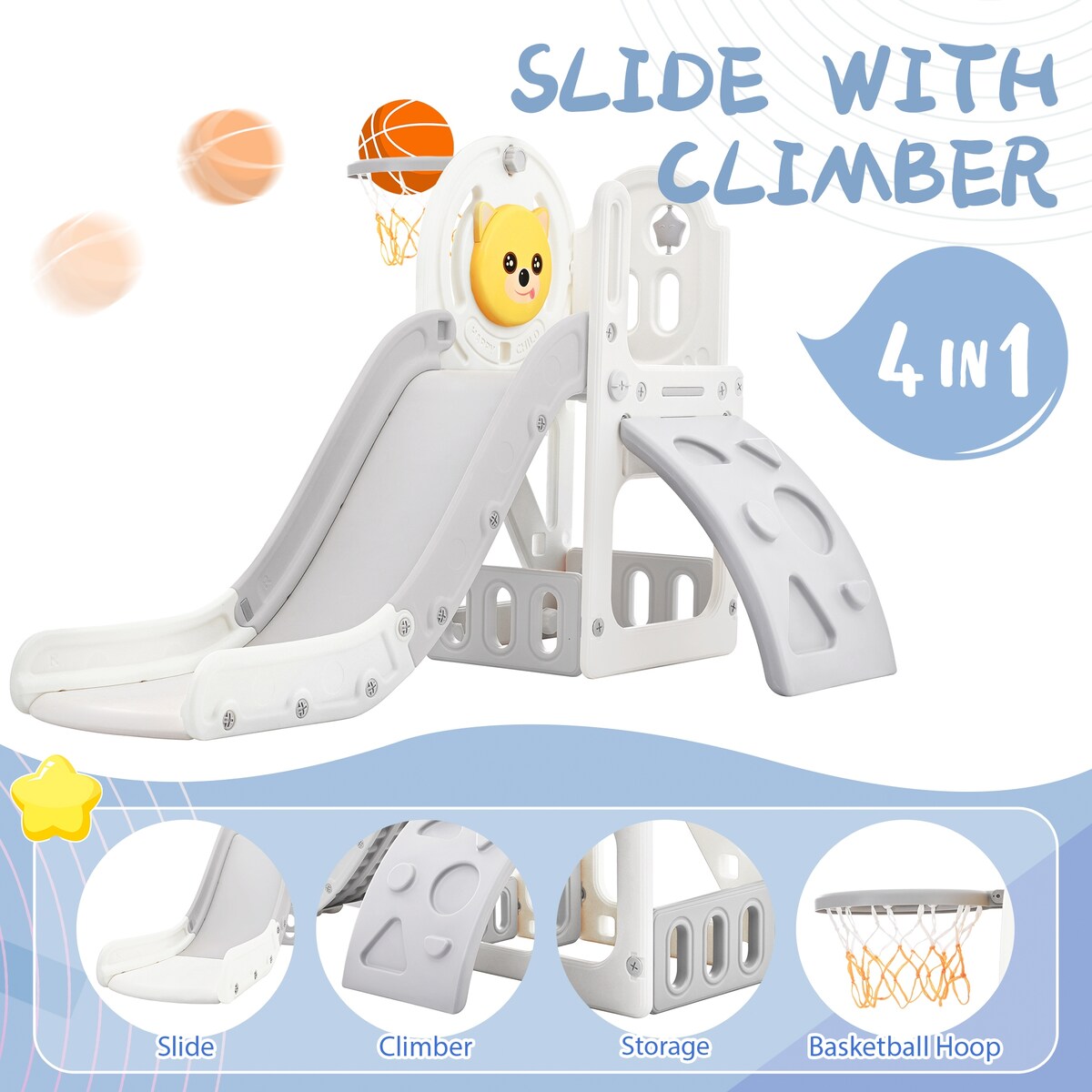 Kids Playground Climber Freestanding Slide Playset with Basketball Hoop Play Combination for Babies Indoor & Outdoor