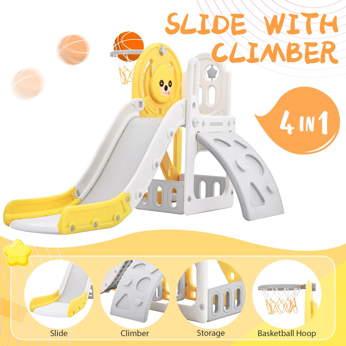 Kids Playground Climber Freestanding Slide Playset with Basketball Hoop Play Combination for Babies Indoor & Outdoor