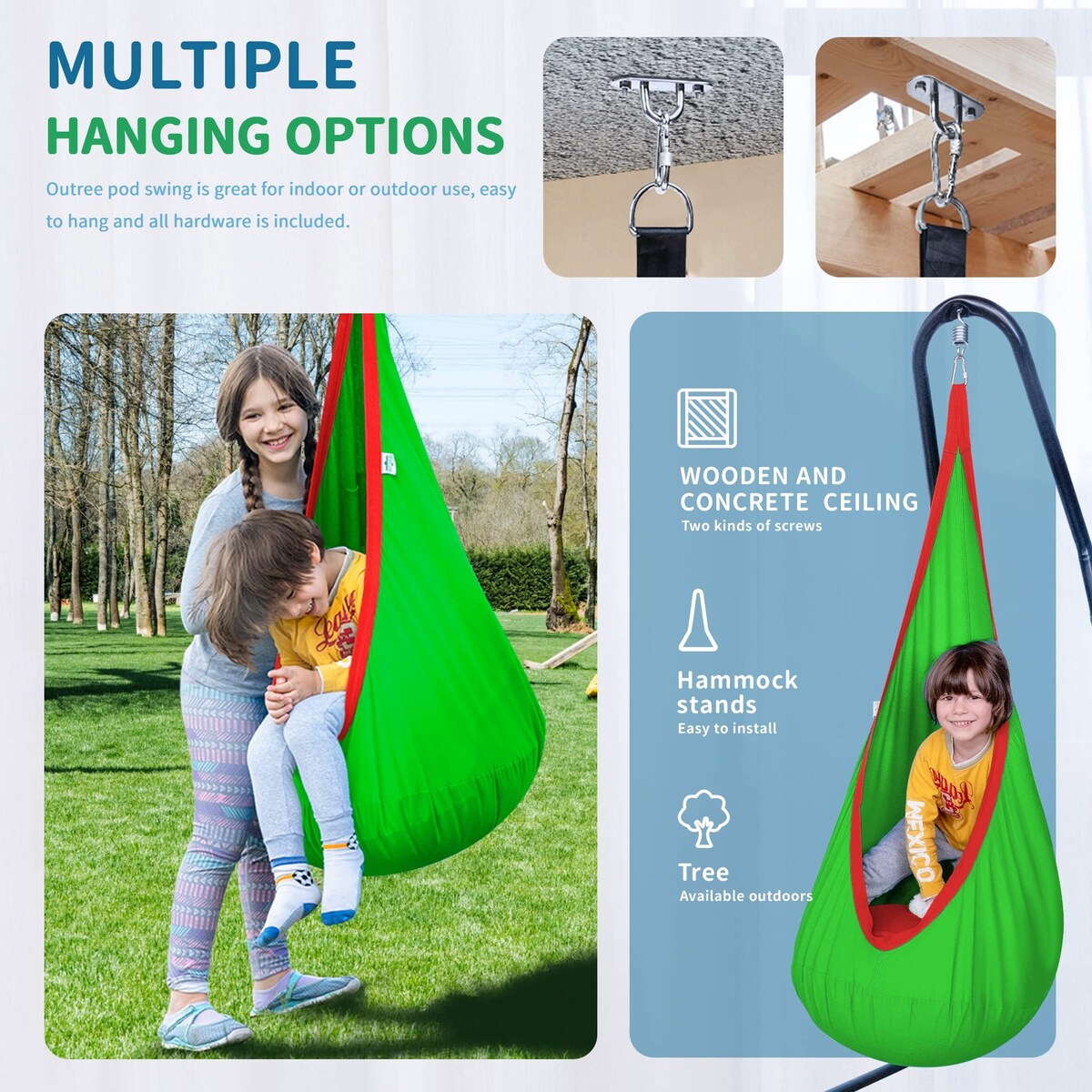 Kids Pod Hanging Swing Seat Hammock,Cotton Child Swing Hammock Chair for Indoor and Outdoor use,Green and Yellow