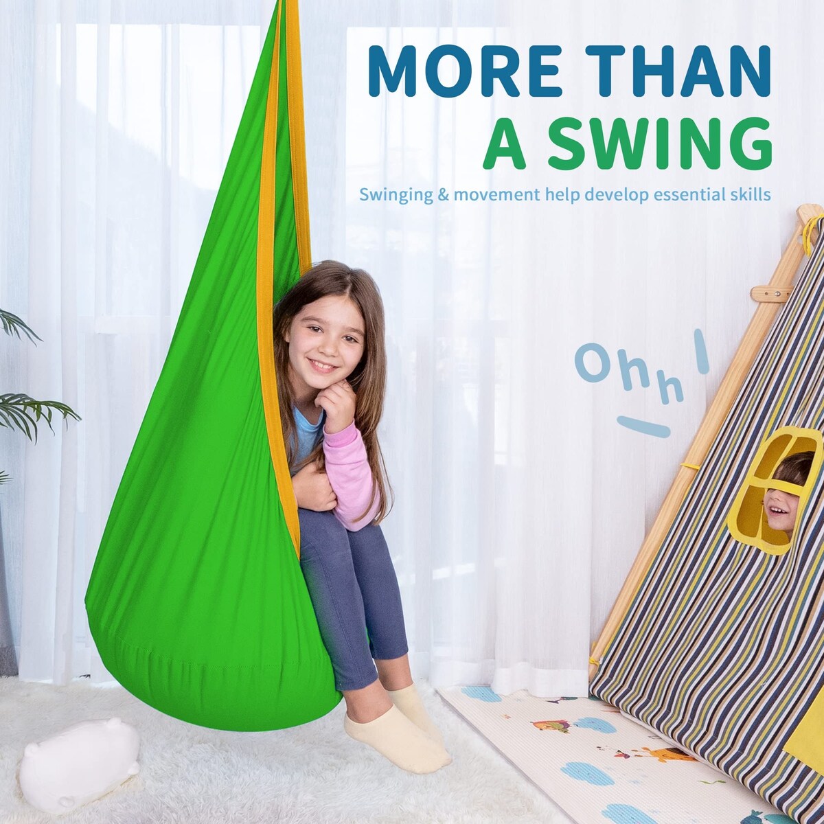 Kids Pod Hanging Swing Seat Hammock,Cotton Child Swing Hammock Chair for Indoor and Outdoor use,Green and Yellow
