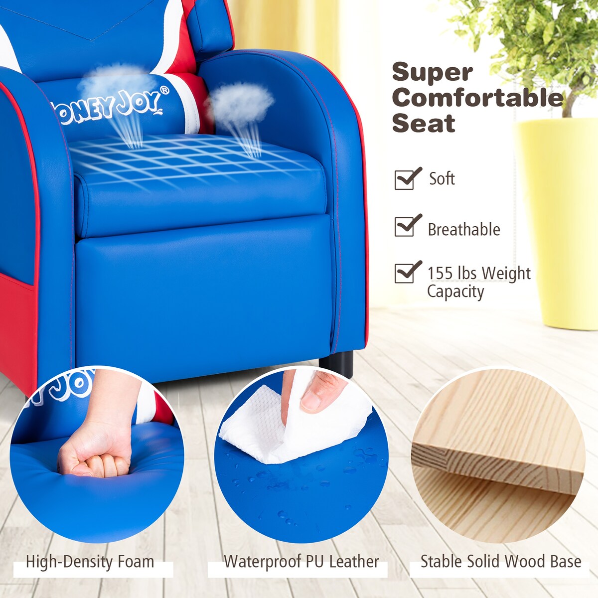 Kids Recliner Chair Gaming Sofa PU Leather Armchair w/Side Pockets Blue