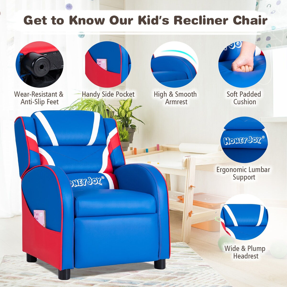 Kids Recliner Chair Gaming Sofa PU Leather Armchair w/Side Pockets Blue