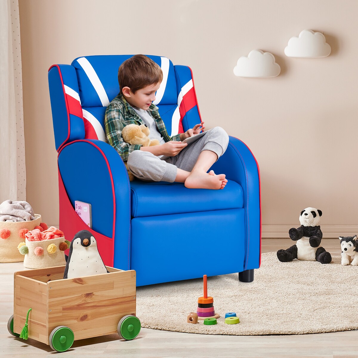 Kids Recliner Chair Gaming Sofa PU Leather Armchair w/Side Pockets Blue