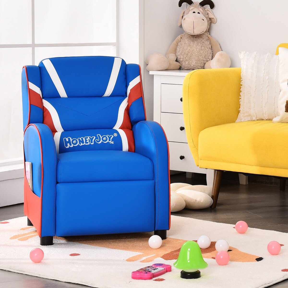 Kids Recliner Chair Gaming Sofa PU Leather Armchair w/Side Pockets Blue