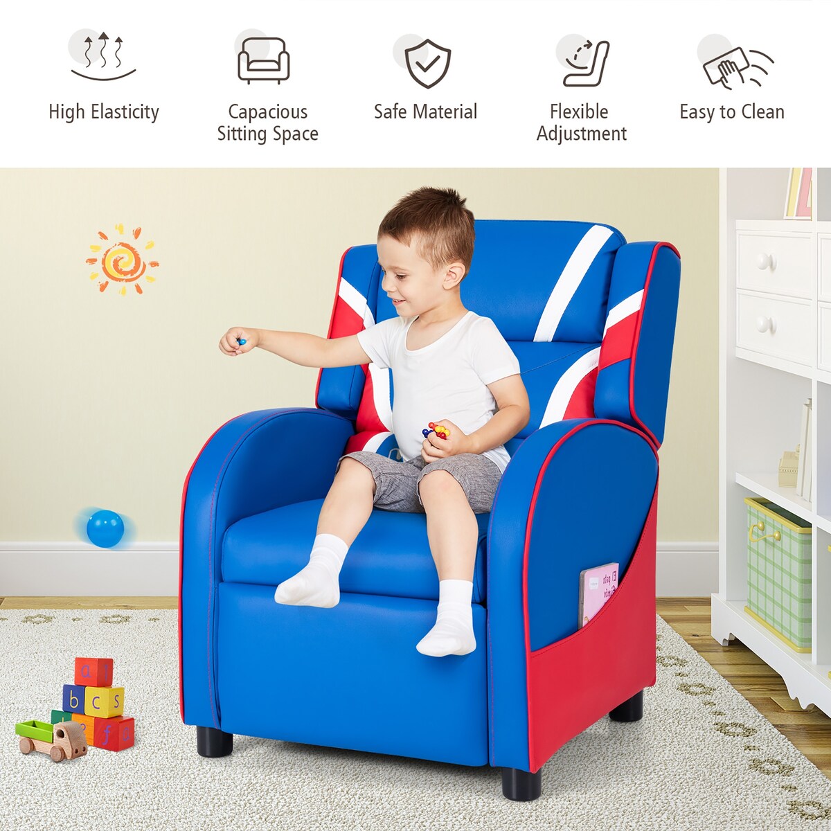 Kids Recliner Chair Gaming Sofa PU Leather Armchair w/Side Pockets Blue