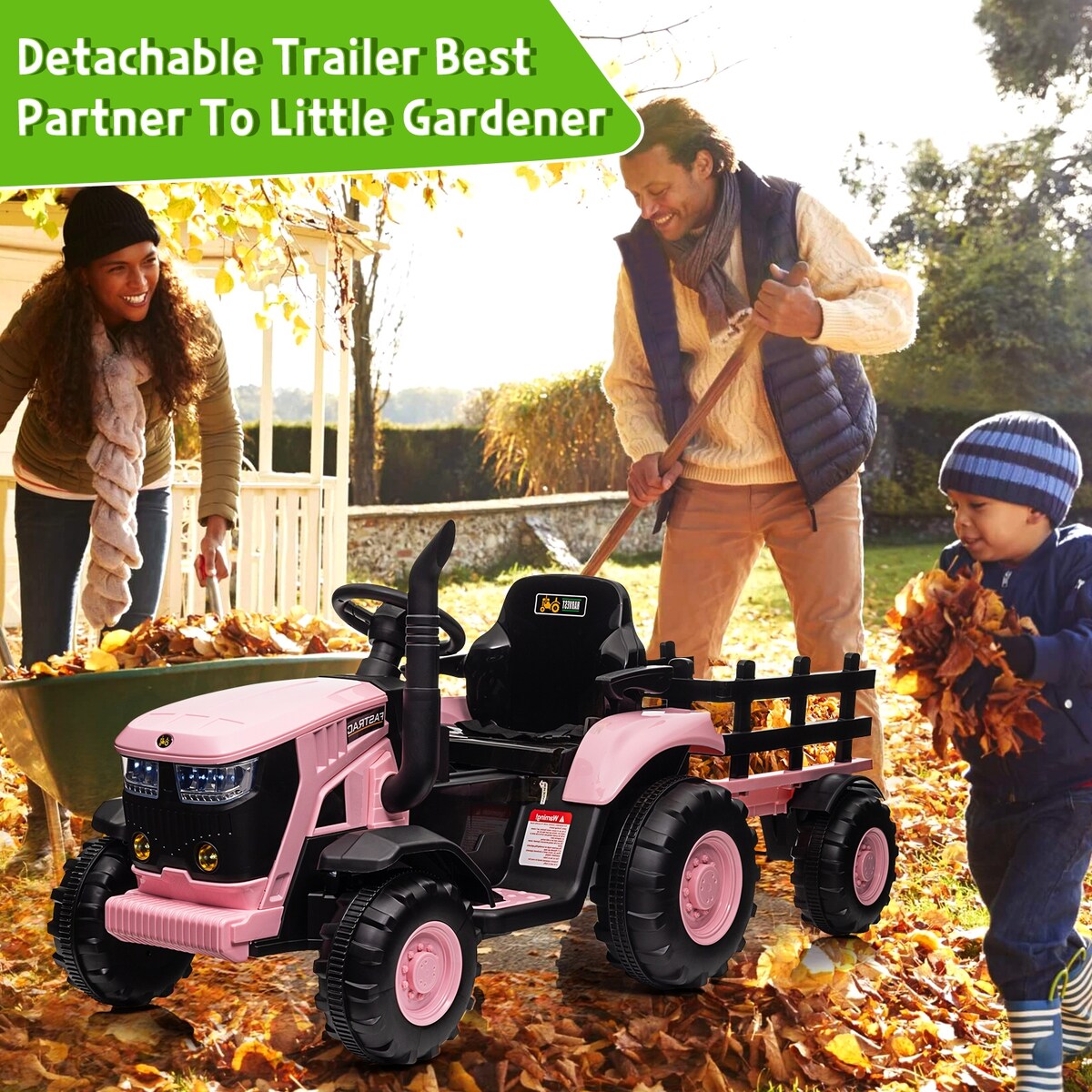 Kids Ride on Tractor with Trailer, 12V Battery Powered Electric Vehicle Toy