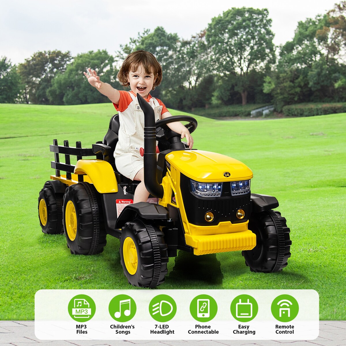 Kids Ride on Tractor with Trailer, 12V Battery Powered Electric Vehicle Toy