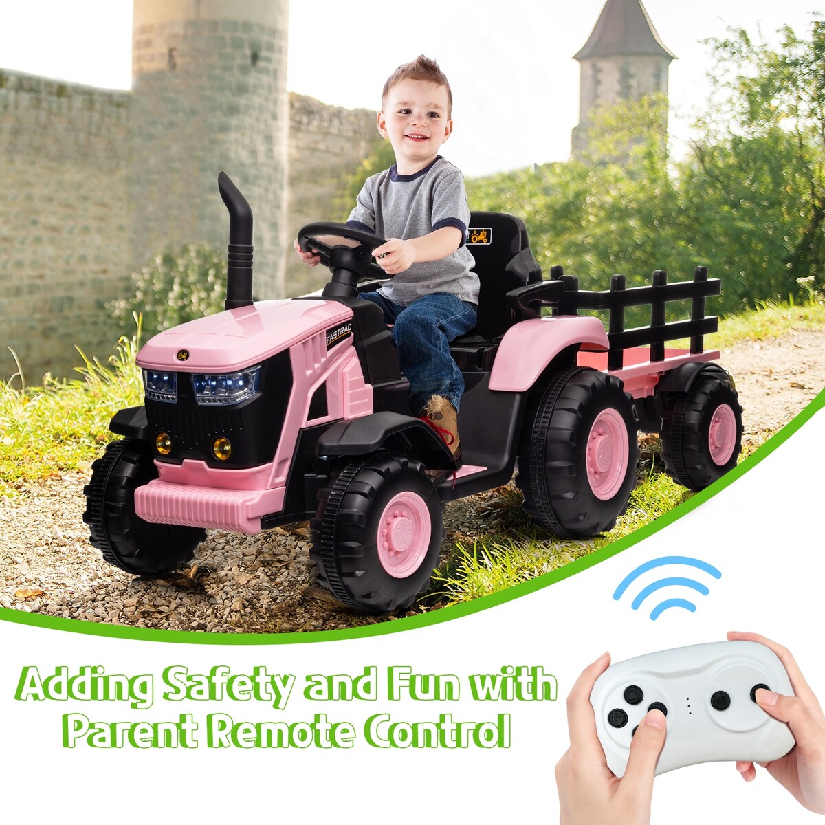 Kids Ride on Tractor with Trailer, 12V Battery Powered Electric Vehicle Toy