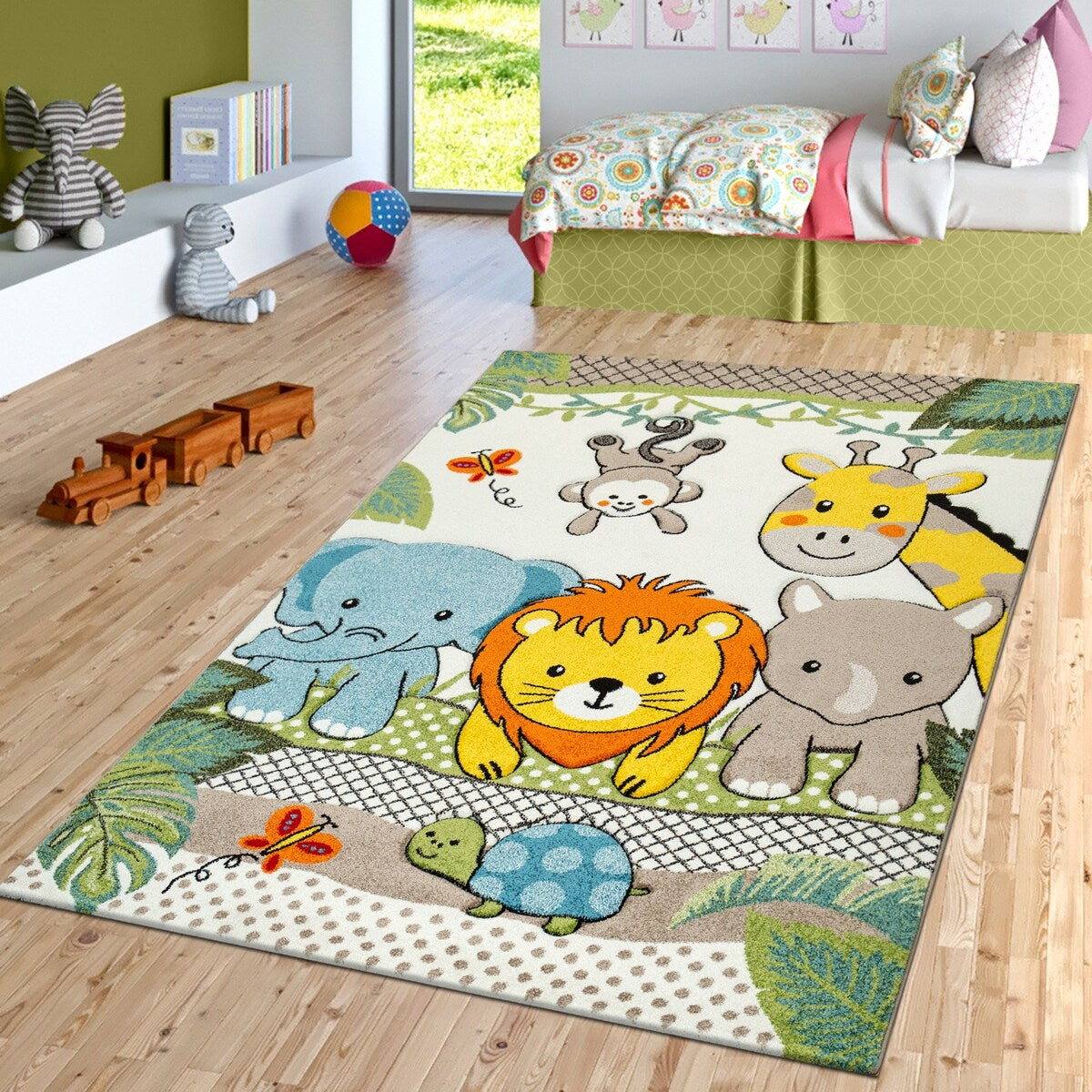 Kids Room Rug Cute Zoo Animals Jungle in 3D Effect for Nursery