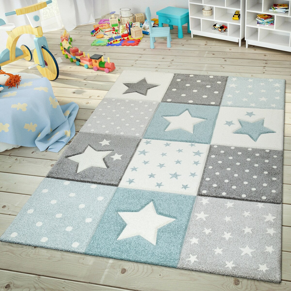 Kids Rug for Nursery Checkered with Stars in Pastel Colors