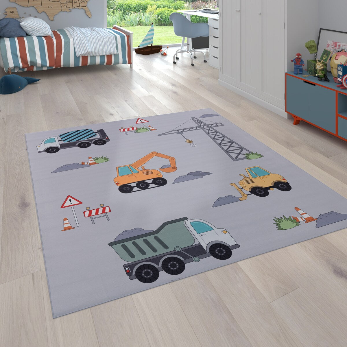 Kids Rug for Nursery Construction Site Play Mat Cranes Trucks in Grey