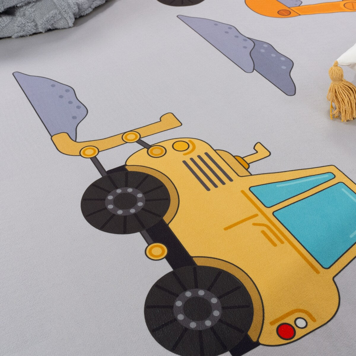 Kids Rug for Nursery Construction Site Play Mat Cranes Trucks in Grey