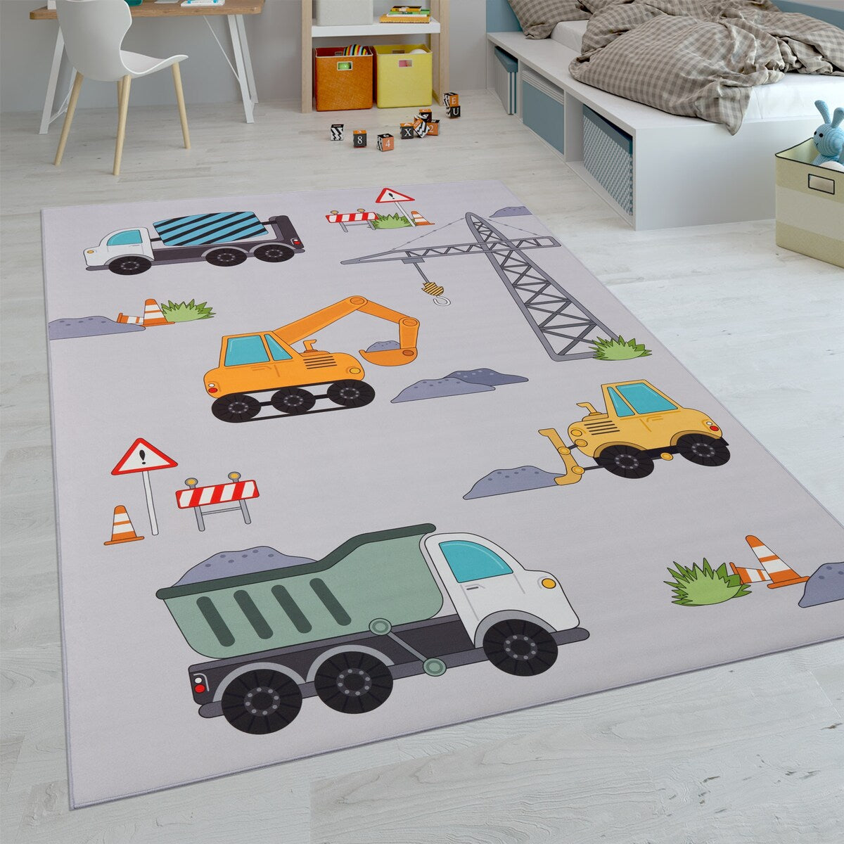Kids Rug for Nursery Construction Site Play Mat Cranes Trucks in Grey
